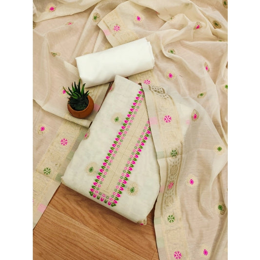White banarasi silk unstitched salwar suit material — full set view