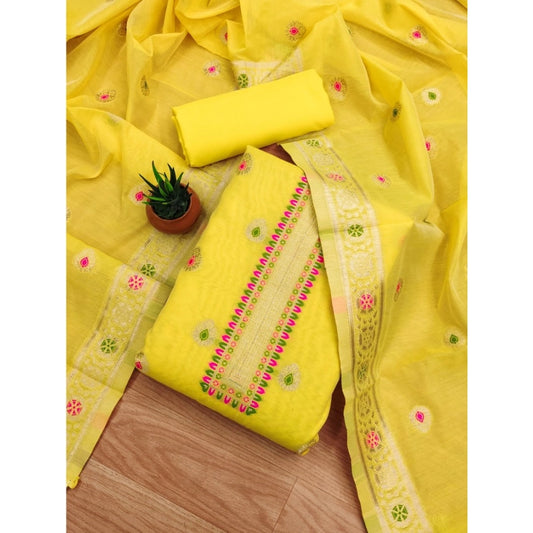 Yellow banarasi silk unstitched salwar suit material — full set view