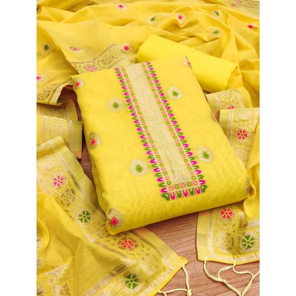Yellow banarasi silk unstitched salwar suit material — dupatta view