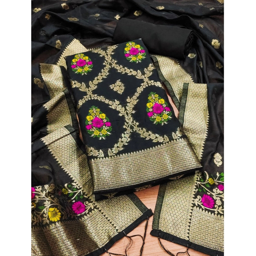 Black banarasi silk unstitched salwar suit material — full set view