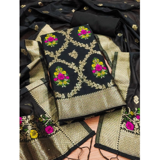 Black banarasi silk unstitched salwar suit material — full set view