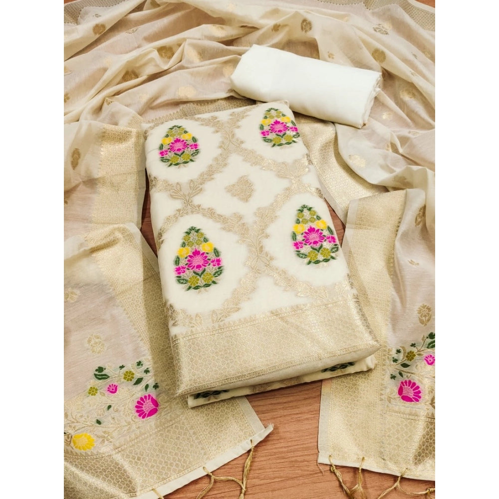 White banarasi silk unstitched salwar suit material — full set view