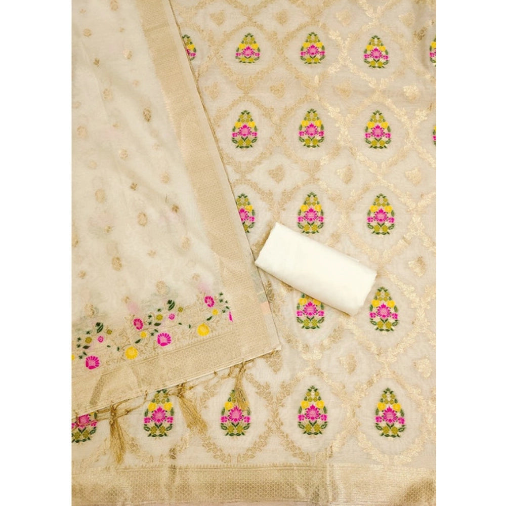 White banarasi silk unstitched salwar suit material — dupatta view