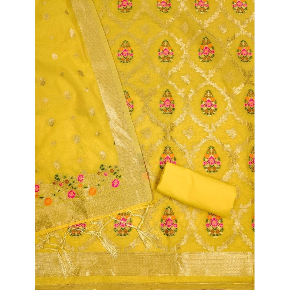 Yellow banarasi silk unstitched salwar suit material — dupatta view