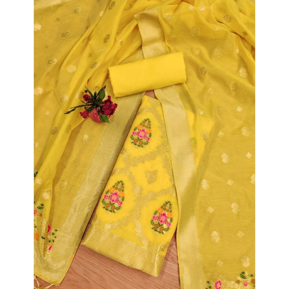Yellow banarasi silk unstitched salwar suit material — kameez fabric detail