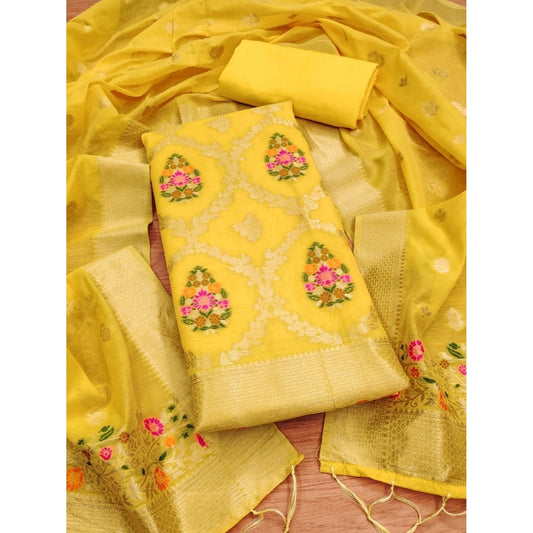 Yellow banarasi silk unstitched salwar suit material — full set view