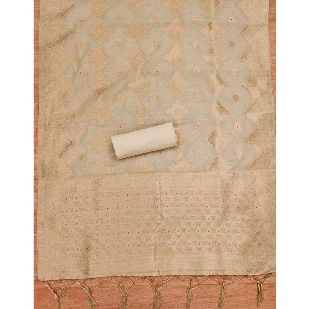 Cream banarasi silk unstitched salwar suit material — dupatta view