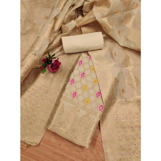 Cream banarasi silk unstitched salwar suit material — full set view