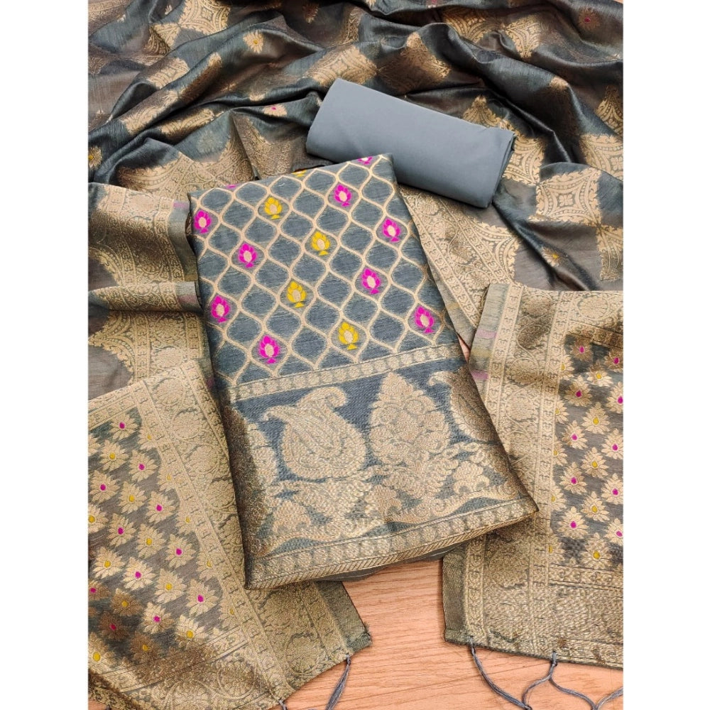 Grey banarasi silk unstitched salwar suit material — full set view
