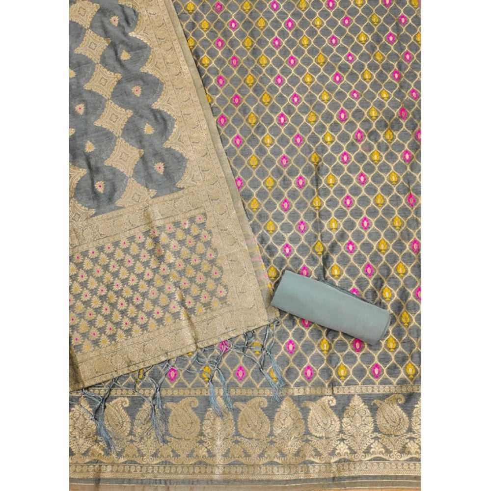 Grey banarasi silk unstitched salwar suit material — dupatta view