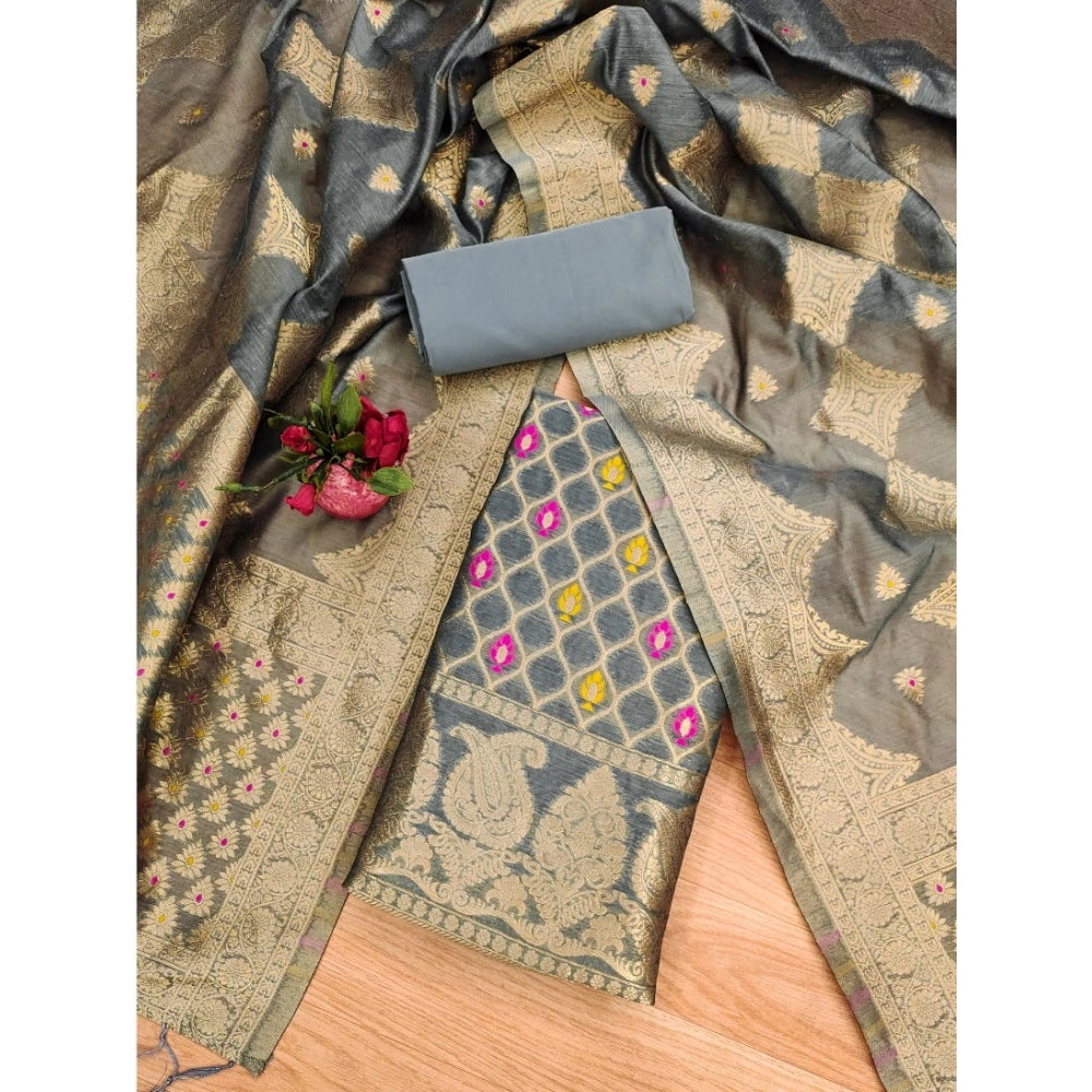 Grey banarasi silk unstitched salwar suit material — kameez fabric detail