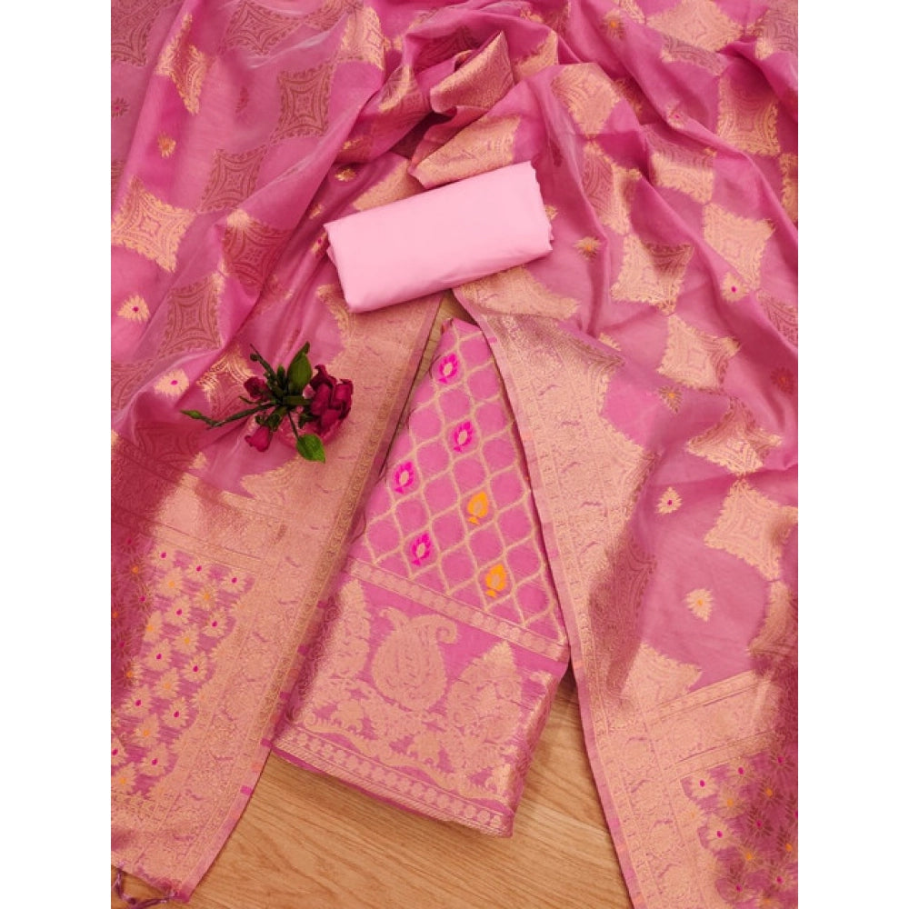 Pink banarasi silk unstitched salwar suit material — kameez fabric detail