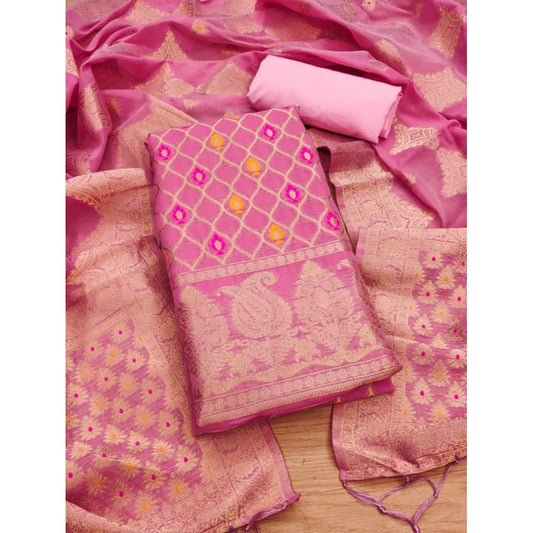 Pink banarasi silk unstitched salwar suit material — full set view