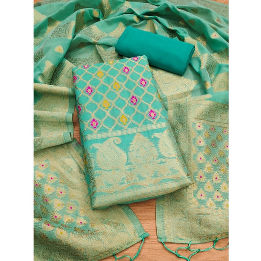 Sea Green banarasi silk unstitched salwar suit material — full set view