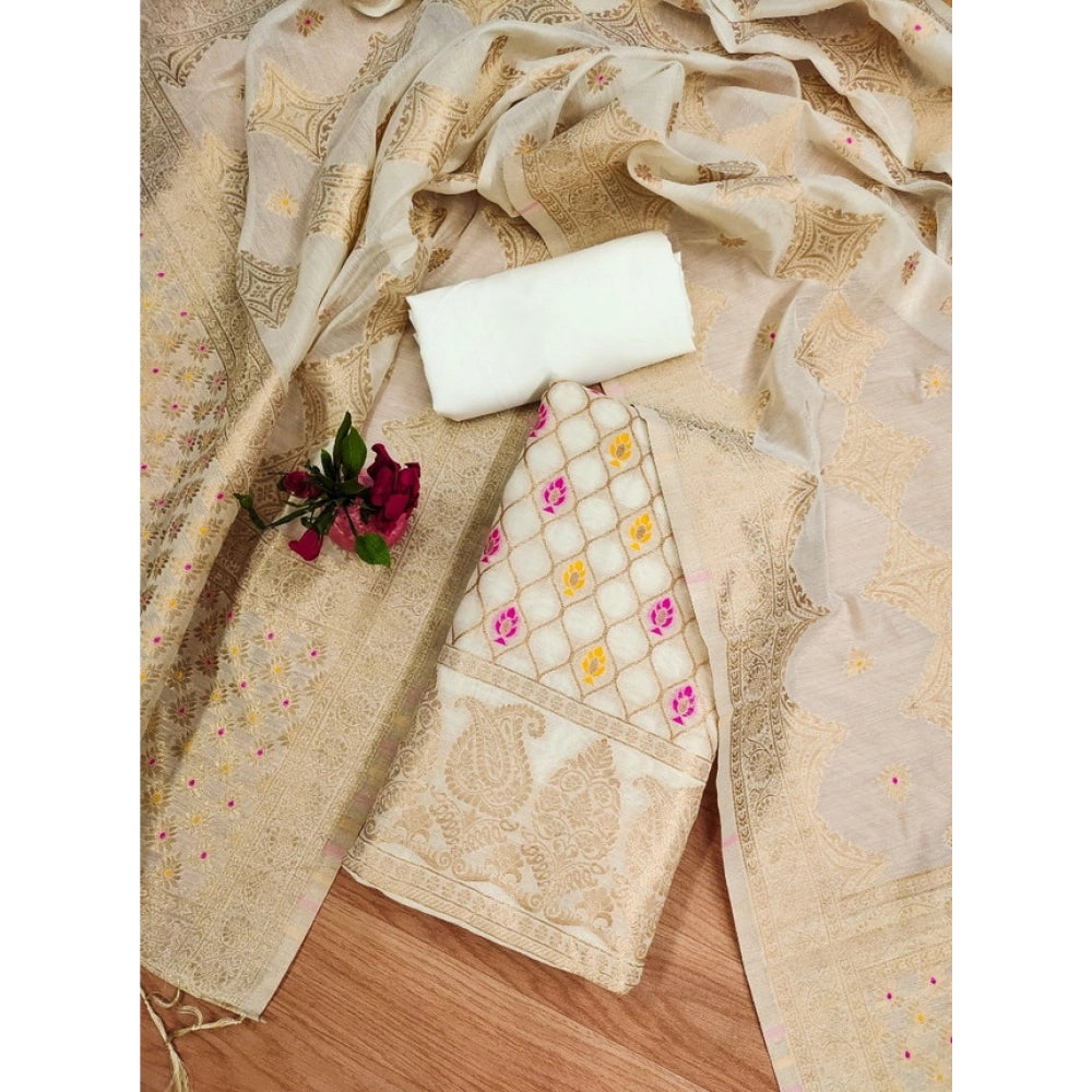 White banarasi silk unstitched salwar suit material — kameez fabric detail