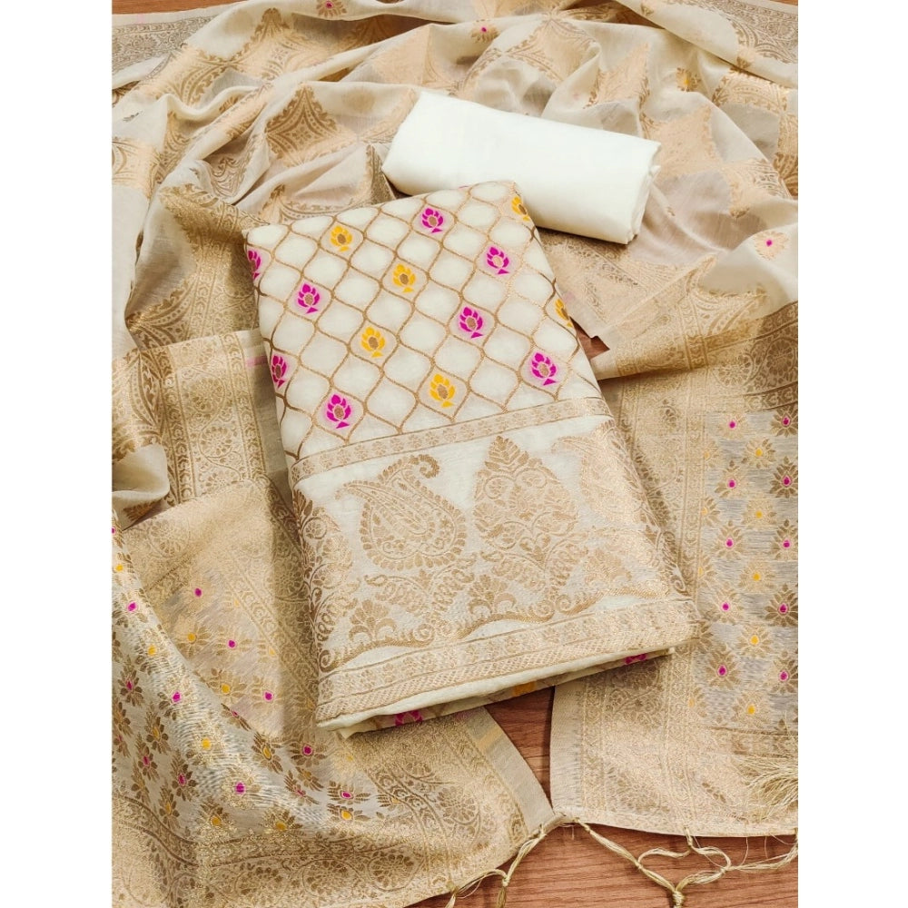 White banarasi silk unstitched salwar suit material — full set view