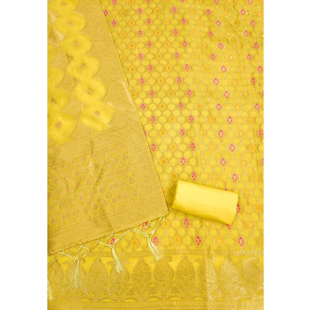 Yellow banarasi silk unstitched salwar suit material — dupatta view