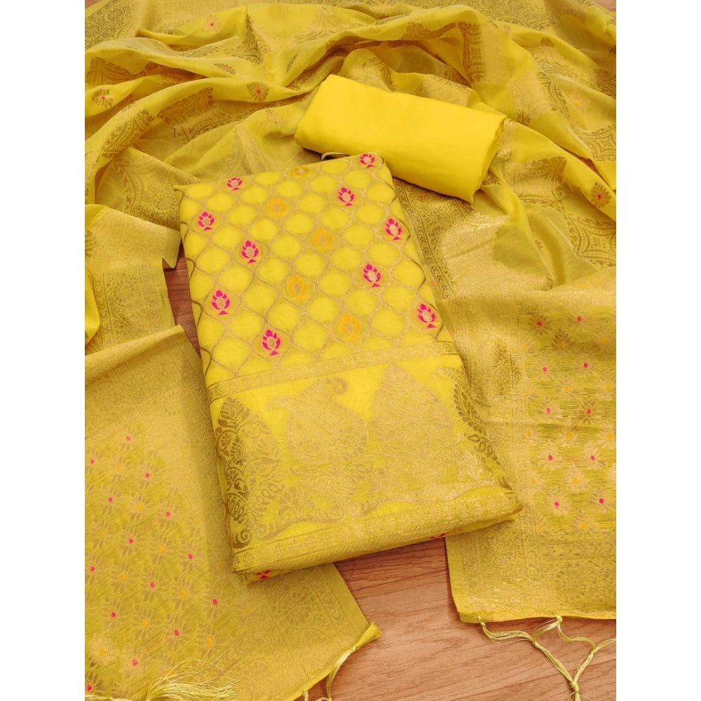 Yellow banarasi silk unstitched salwar suit material — full set view
