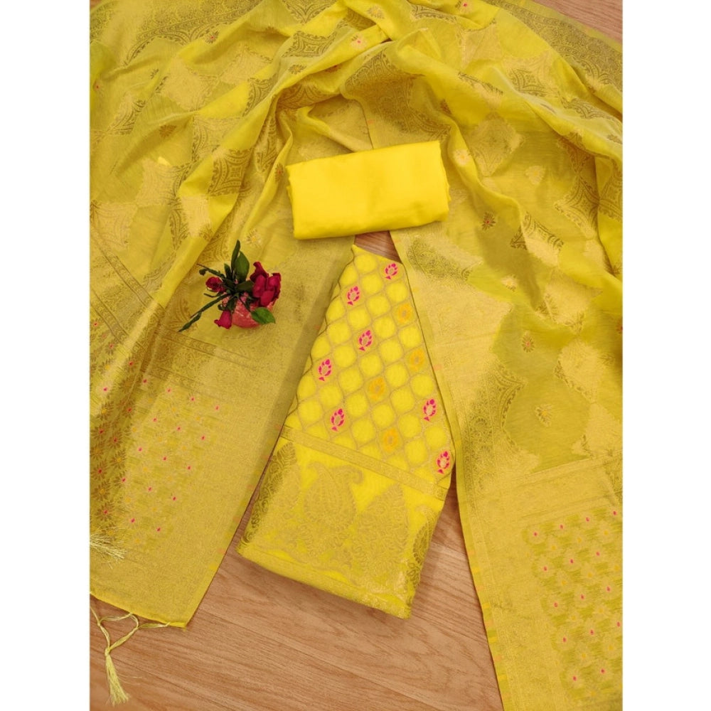 Yellow banarasi silk unstitched salwar suit material — kameez fabric detail