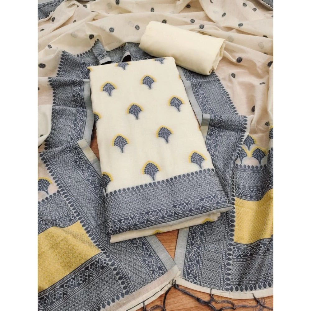 Grey banarasi silk unstitched salwar suit material — full set view