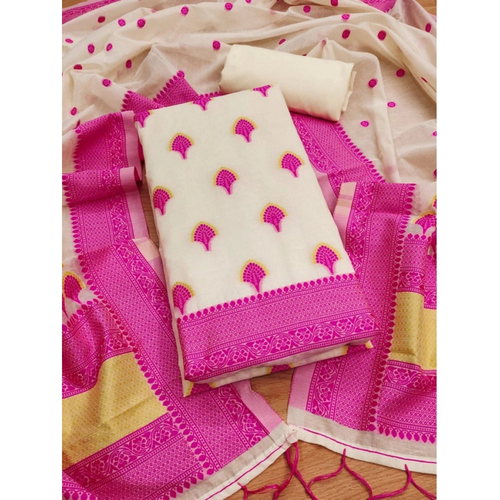 Pink banarasi silk unstitched salwar suit material — full set view