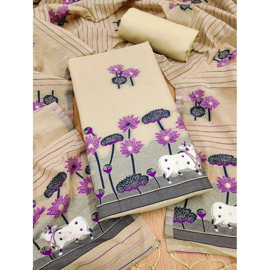 Cream banarasi silk unstitched salwar suit material — full set view