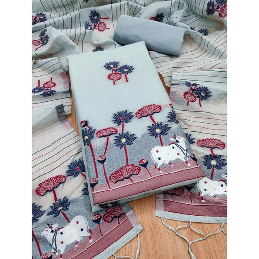 Grey banarasi silk unstitched salwar suit material — full set view