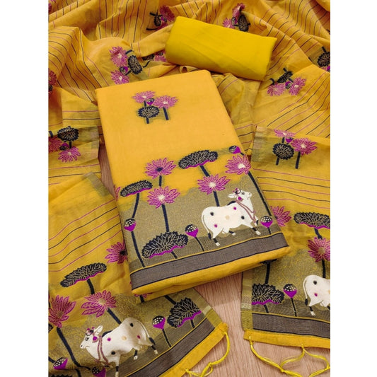 Yellow banarasi silk unstitched salwar suit material — full set view
