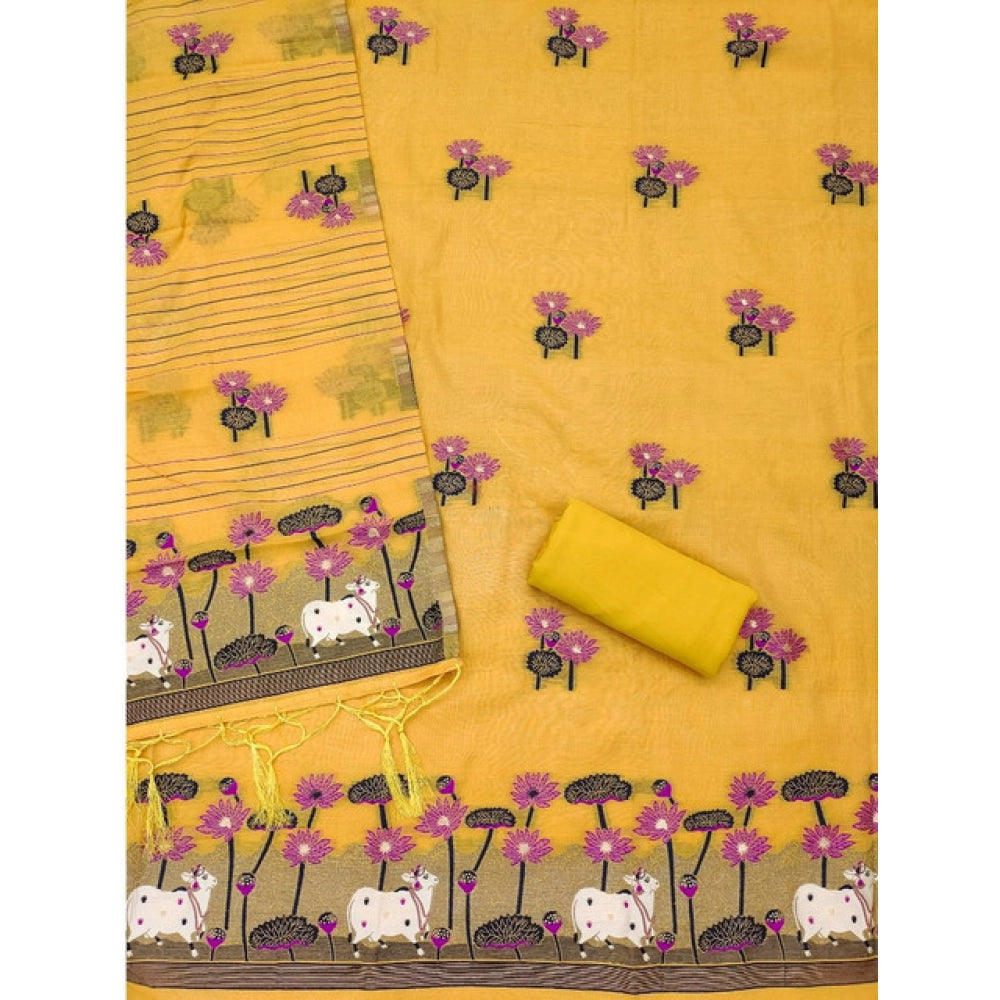 Yellow banarasi silk unstitched salwar suit material — dupatta view
