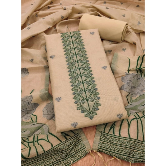 Cream banarasi silk unstitched salwar suit material — full set view