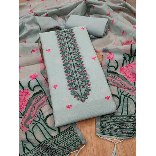 Grey banarasi silk unstitched salwar suit material — full set view