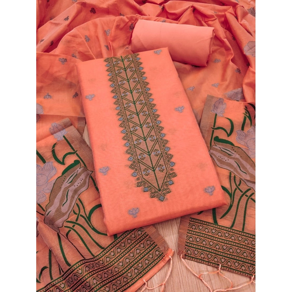 Peach banarasi silk unstitched salwar suit material — full set view