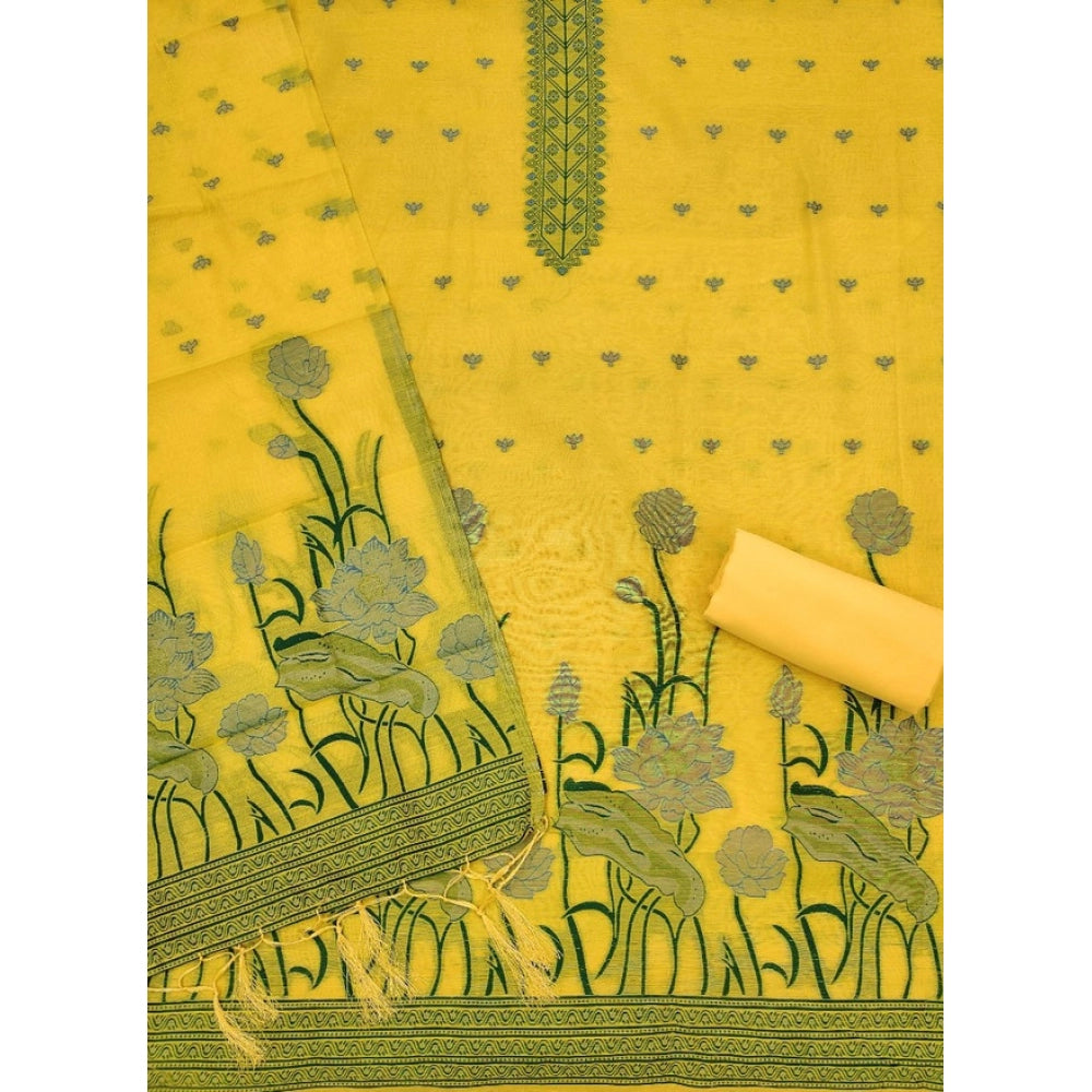 Yellow banarasi silk unstitched salwar suit material — dupatta view