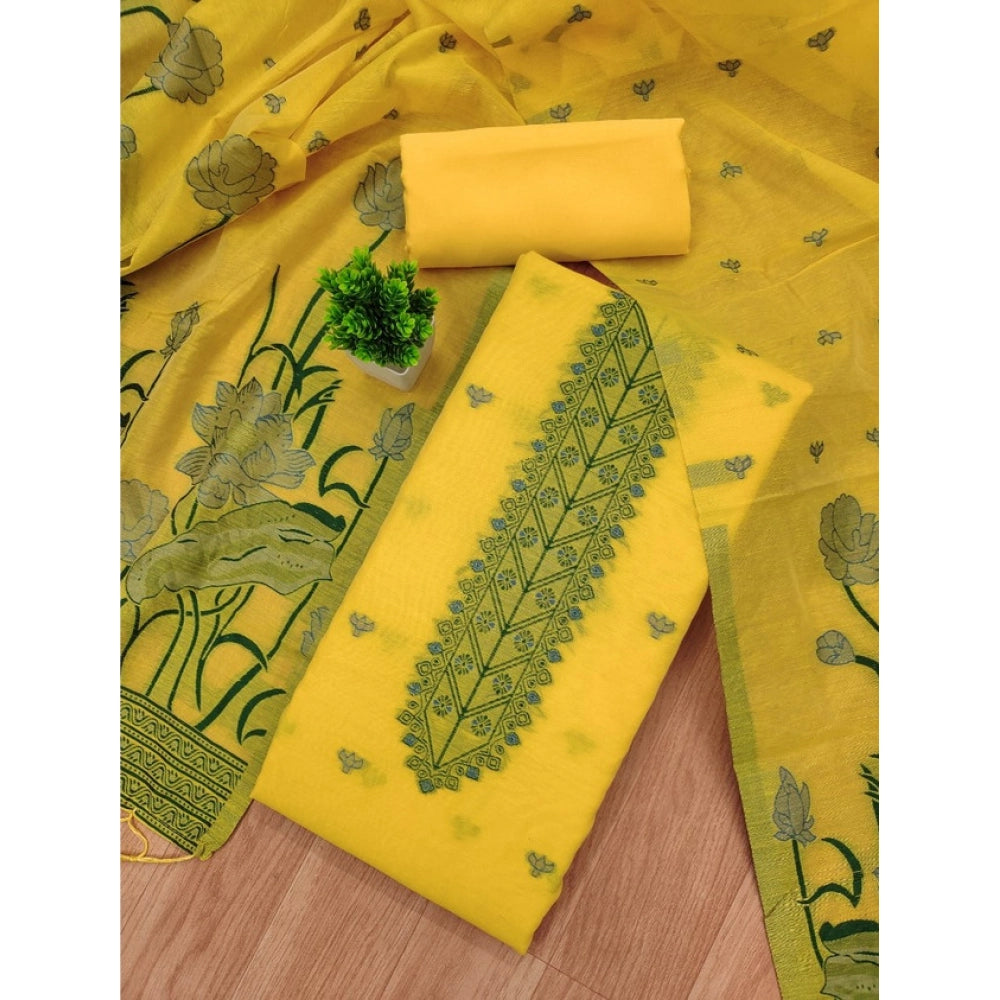 Yellow banarasi silk unstitched salwar suit material — kameez fabric detail