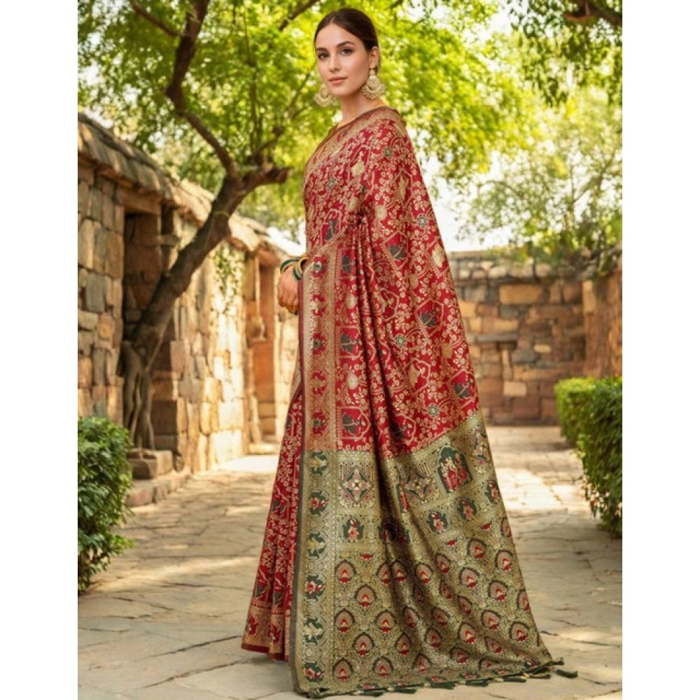 Women's Silk Blend Woven Paithani Saree With Unstitched Blouse 5.5Mtr (Red)