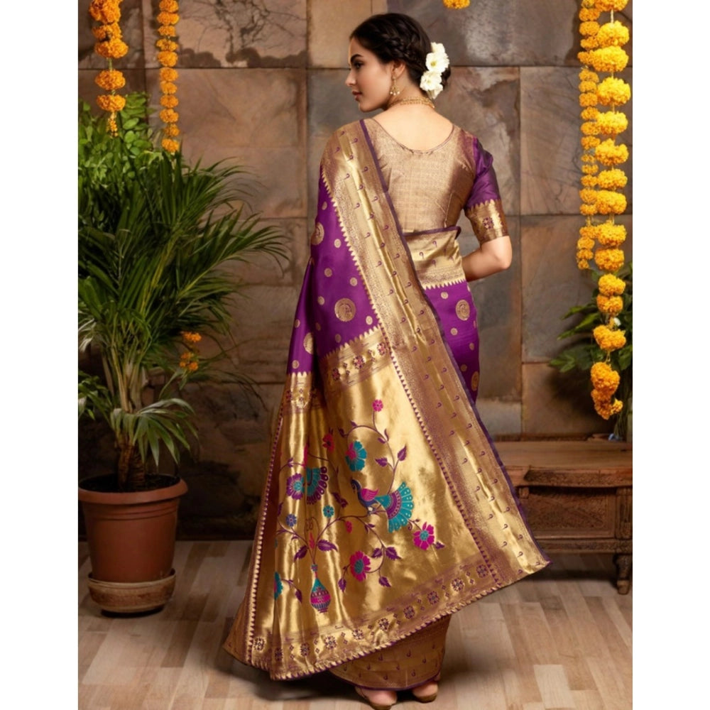 Women's Silk Blend Paithani Saree With Unstitched Blouse 5.5Mtr (Purple)