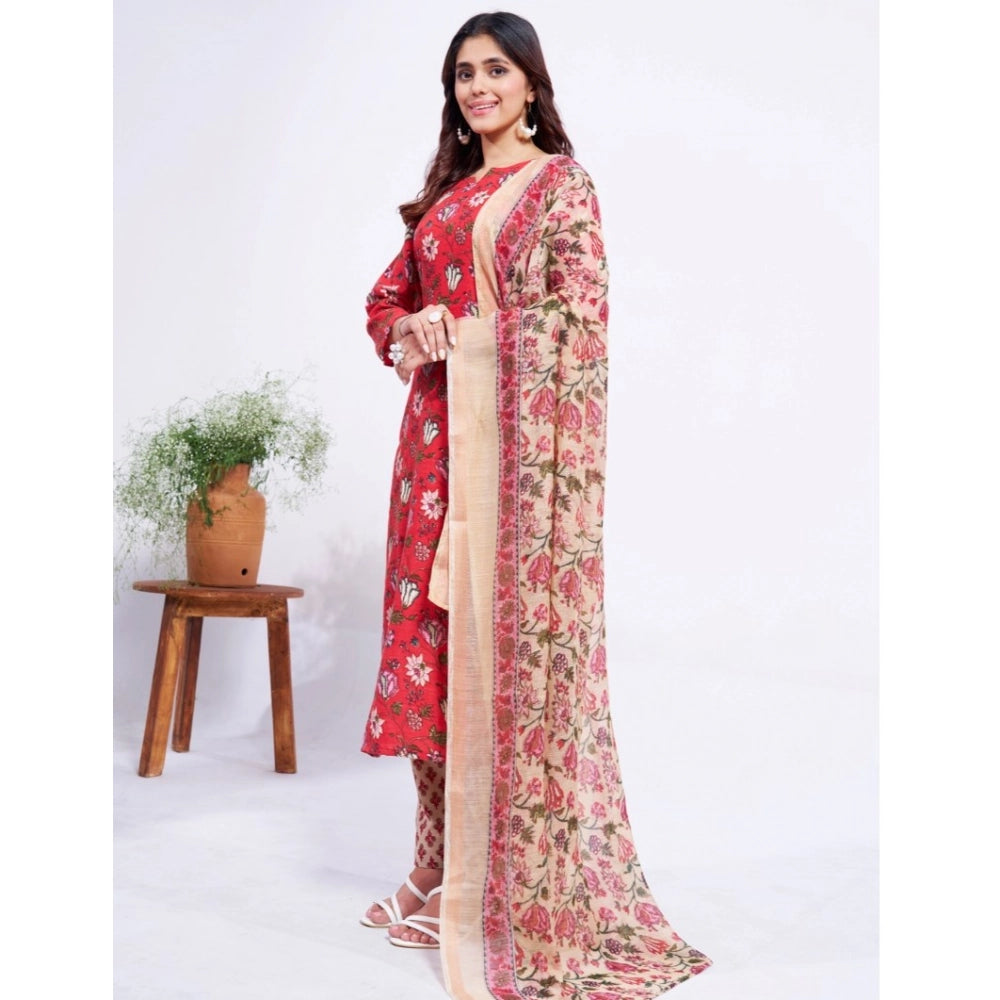 Red cotton blend kurti pant dupatta set for women — detail view