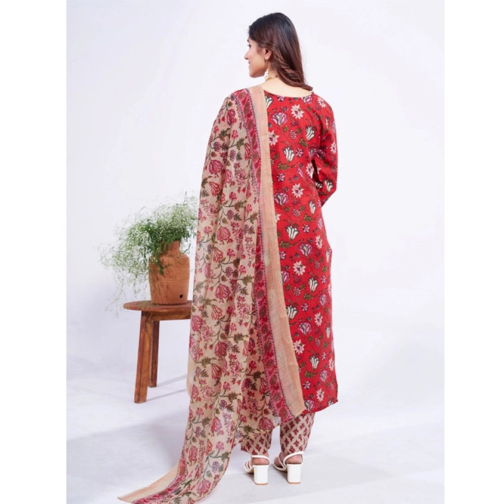 Red cotton blend kurti pant dupatta set for women — side angle