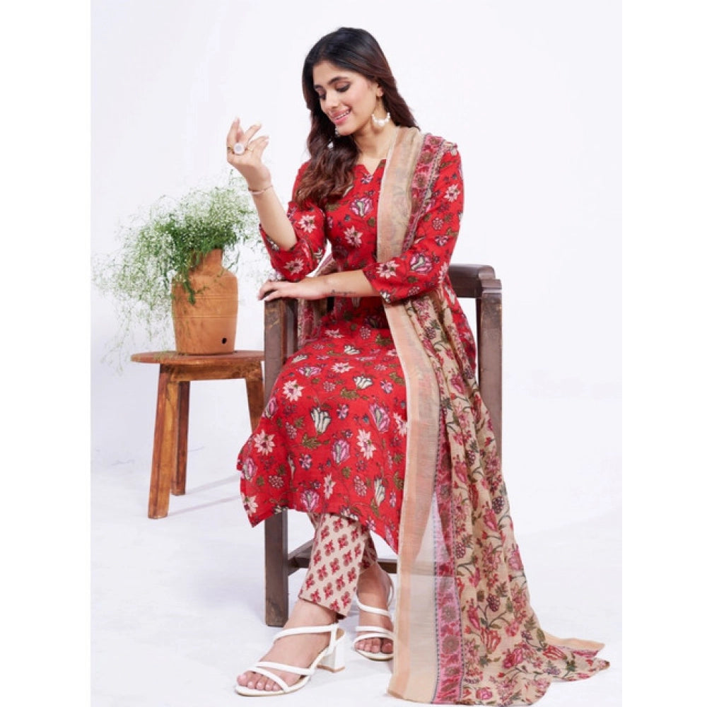 Red cotton blend kurti pant dupatta set for women — full look