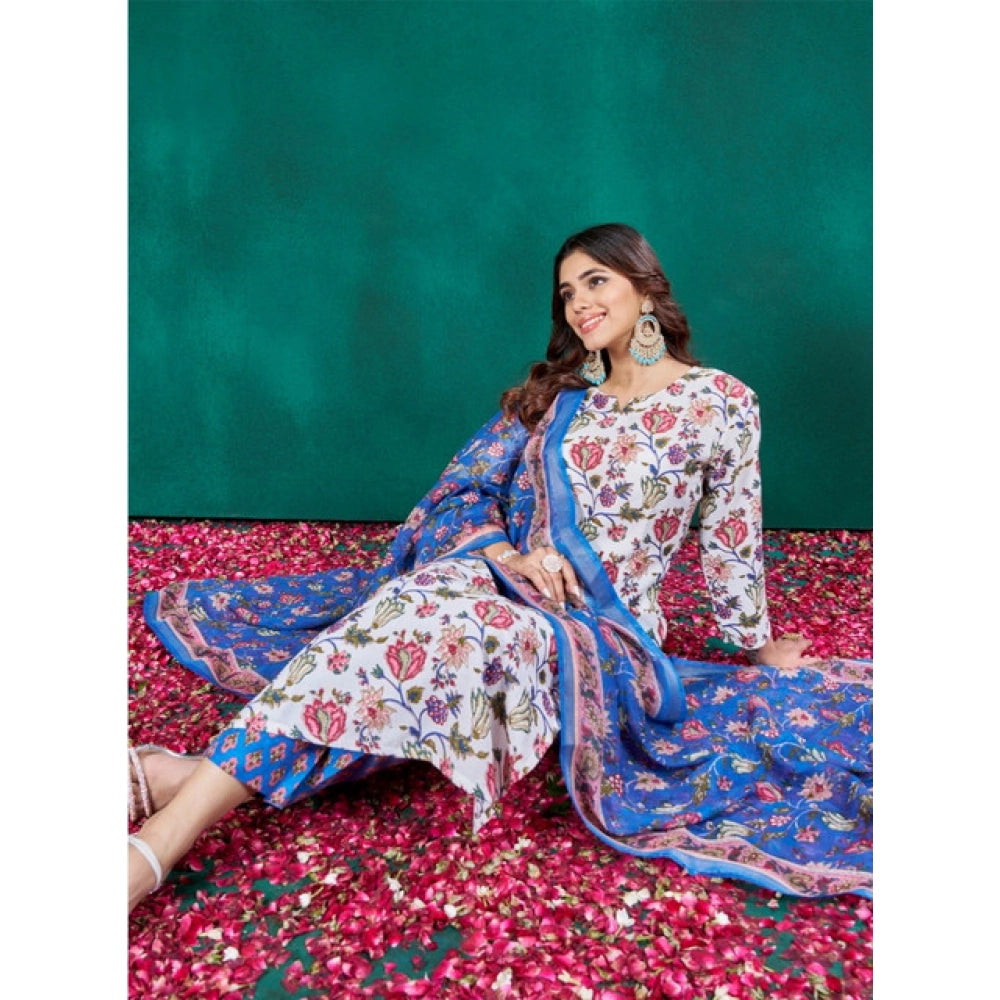 Multicolor cotton blend kurti pant dupatta set for women — side angle
