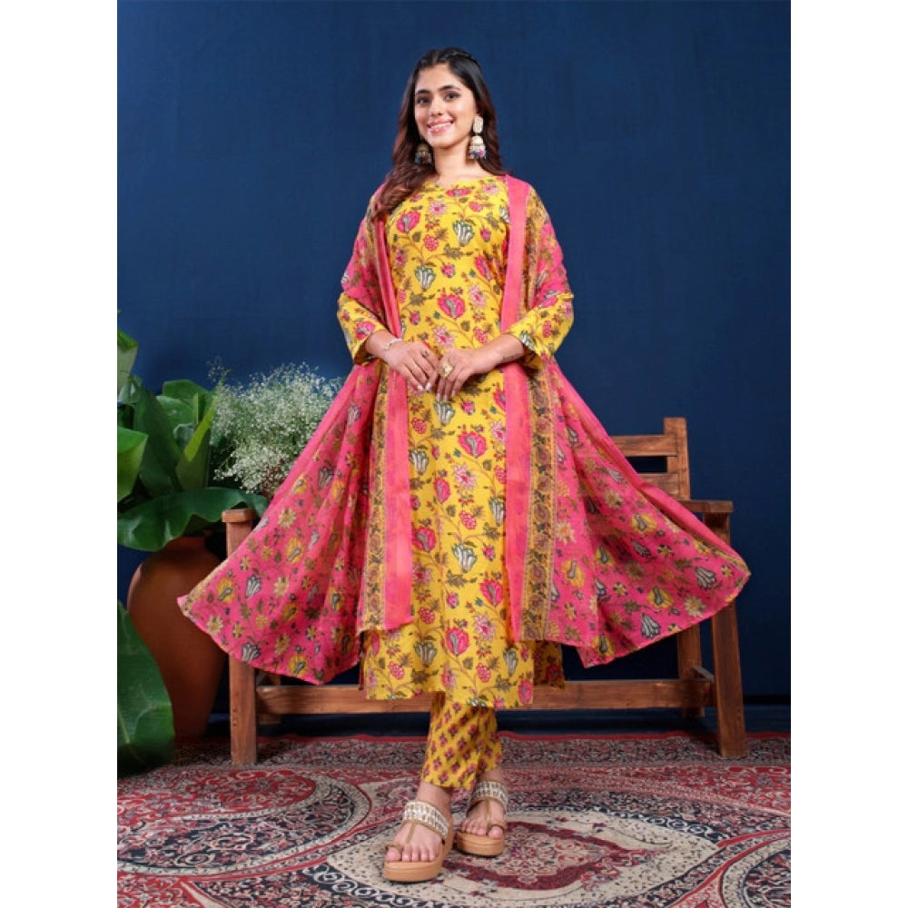 Yellow cotton blend kurti pant dupatta set for women — detail view