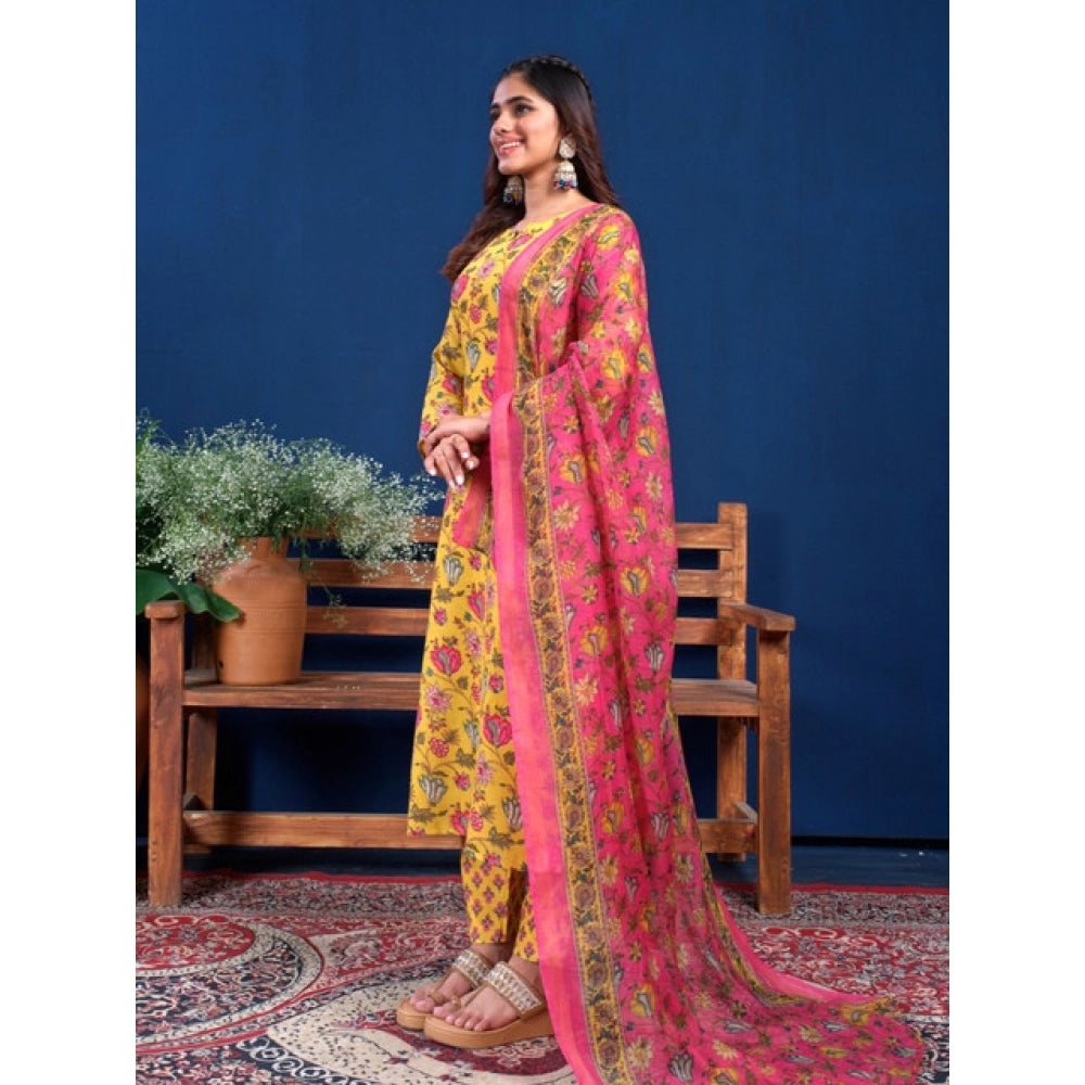 Yellow cotton blend kurti pant dupatta set for women — side angle