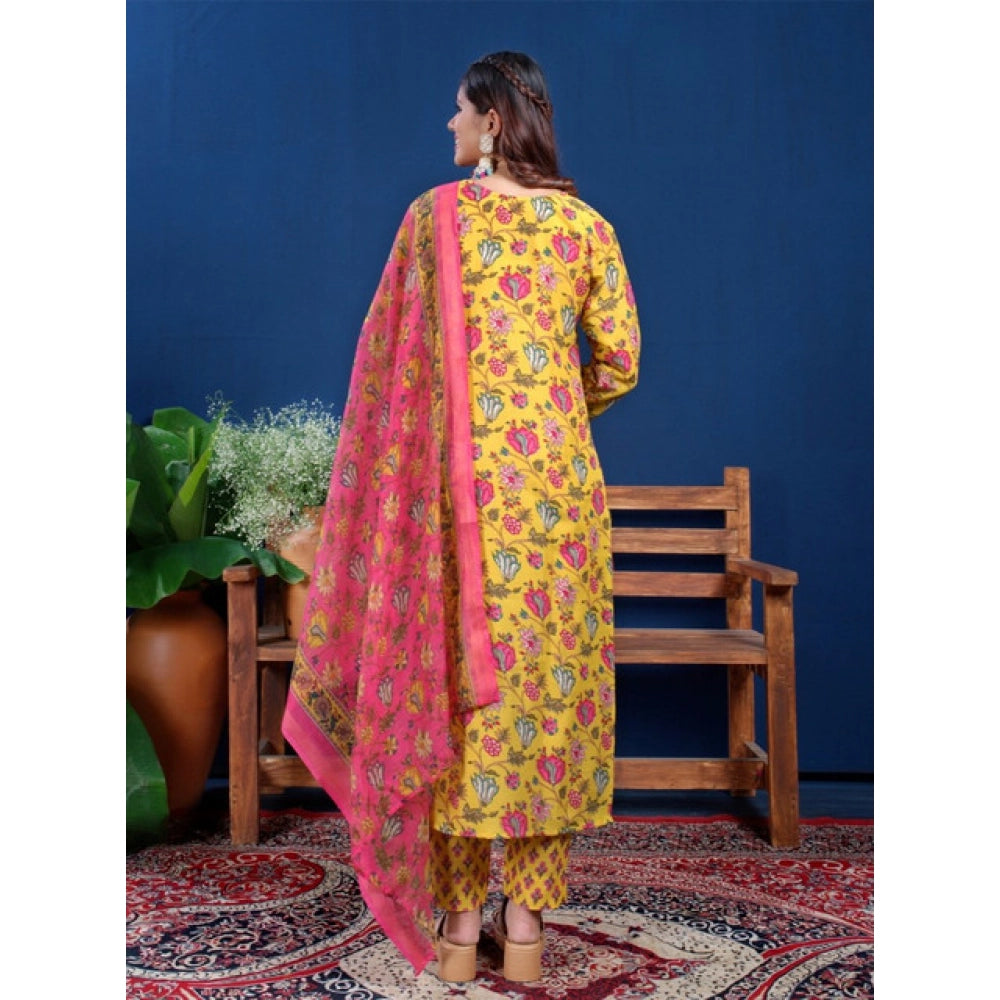 Yellow cotton blend kurti pant dupatta set for women — full look