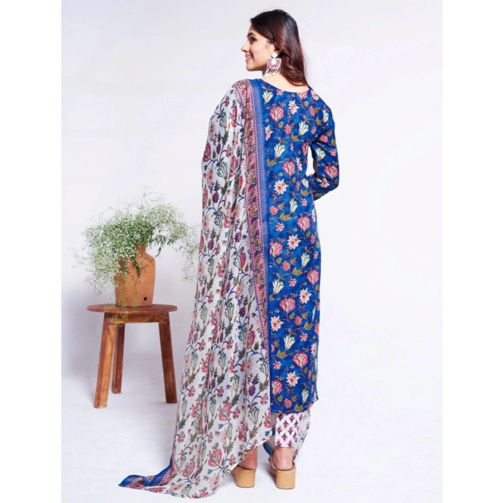 Blue cotton blend kurti pant dupatta set for women — detail view