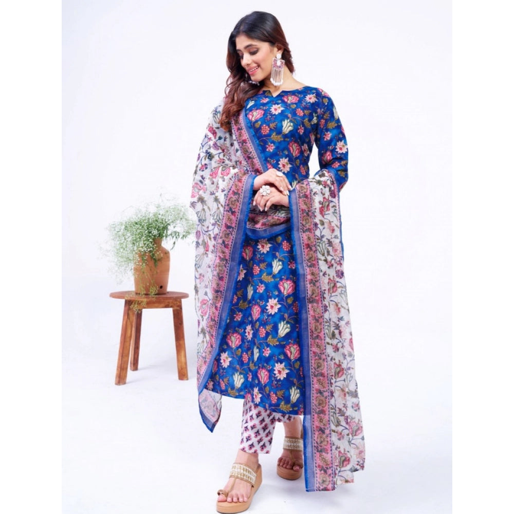 Blue cotton blend kurti pant dupatta set for women — side angle