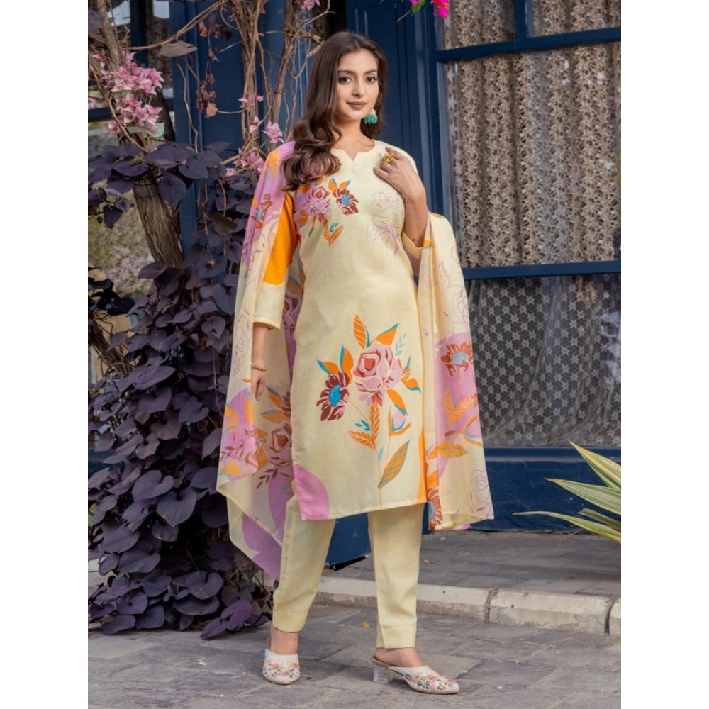 Cream cotton blend kurti pant dupatta set for women — detail view