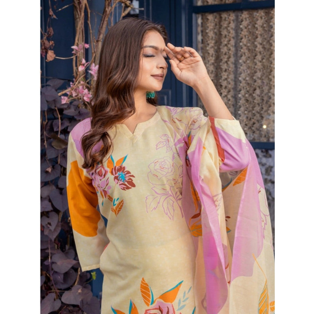 Cream cotton blend kurti pant dupatta set for women — full look