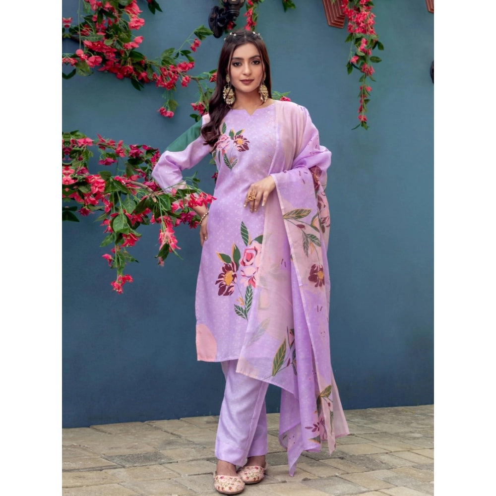 Lavender cotton blend kurti pant dupatta set for women — detail view