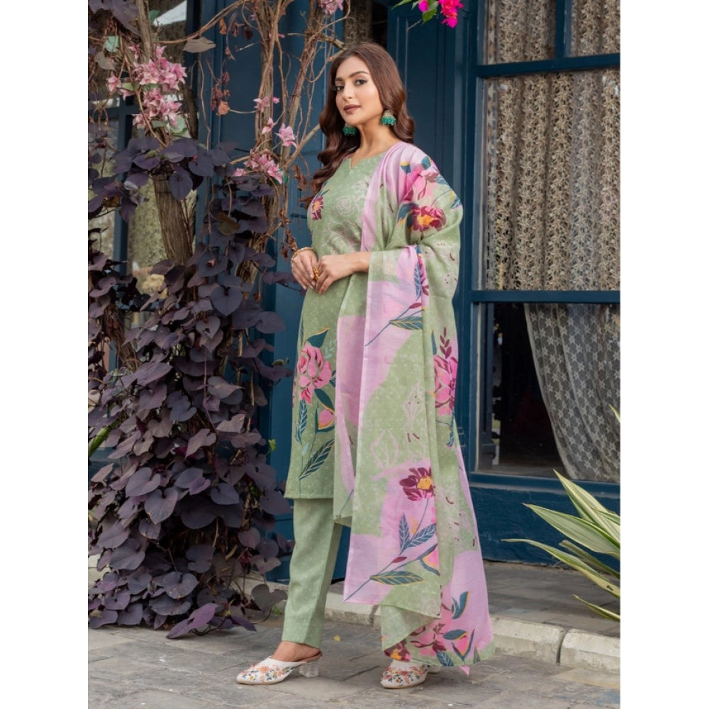 Mehendi cotton blend kurti pant dupatta set for women — detail view