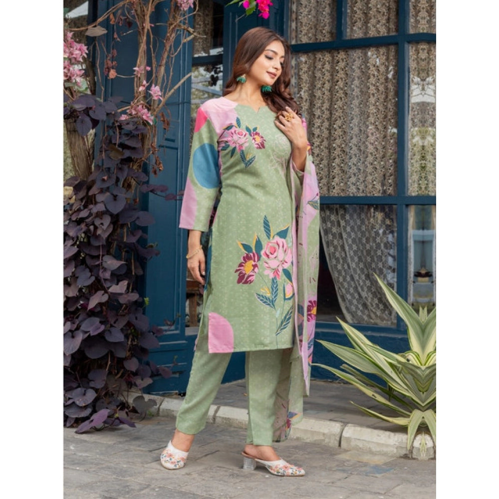 Mehendi cotton blend kurti pant dupatta set for women — side angle
